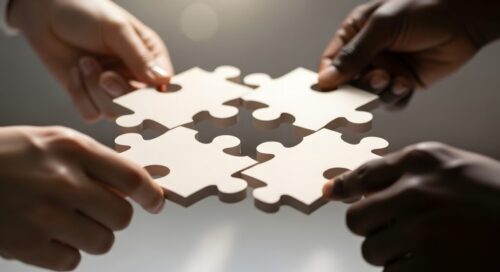 Diverse hands collaboratively connect four puzzle pieces, symbolizing teamwork and unity. Diverse hands collaboratively connect four puzzle pieces, symbolizing teamwork and unity.