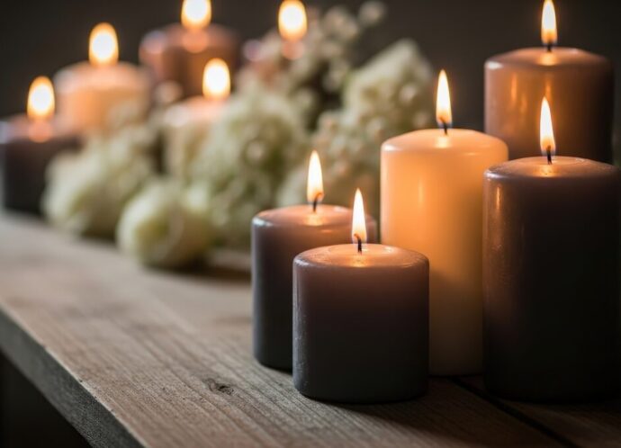 Lit candles with flowers on wooden surface for memorial