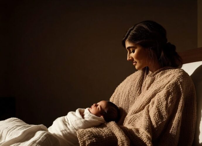 Asian woman in knitted sweater looking at sleeping child on bed in dark room with dramatic lighting. Motherhood, parenting and childcare concept with emotional connection