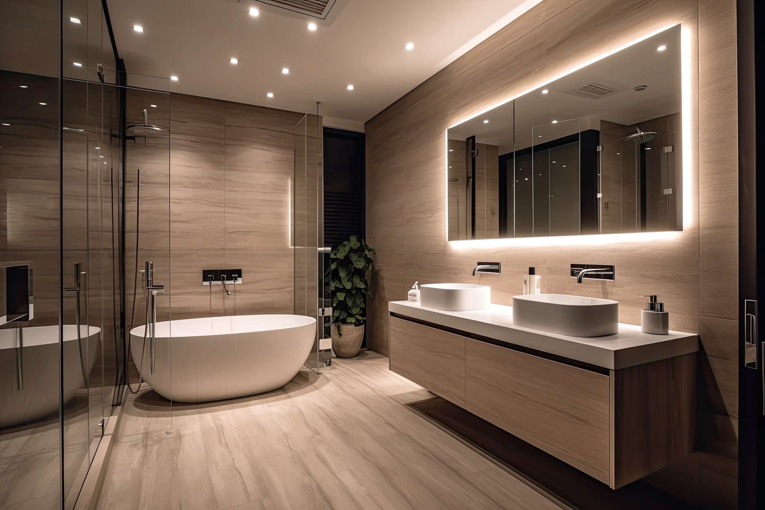sleek grey marble bathroom with LED lighting, double vanity, and freestanding tub sleek grey marble bathroom with LED lighting, double vanity, and freestanding tub