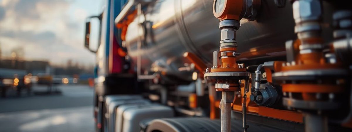 A close-up of a natural gas truck being filled with LNG, preparing for a long-distance delivery to remote locations