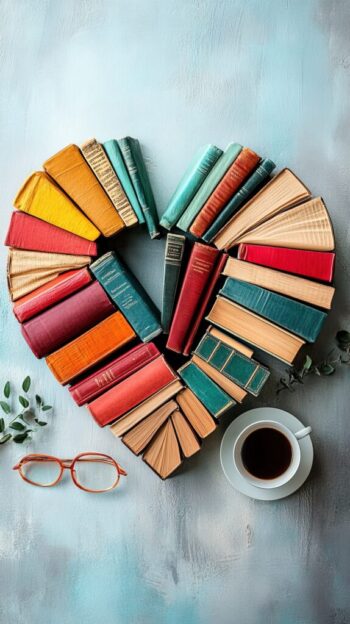 Books in a heart shape with coffee and glasses.